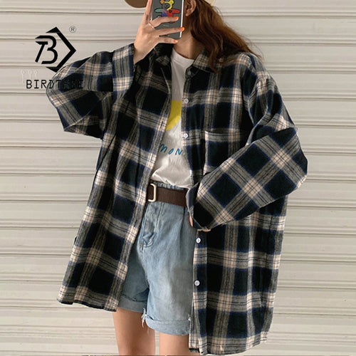 New Arrival Women Vintage Oversized Harajuku Plaid Shirt Batwing Sleeve Button Up Retro Long Blouse Brushed Feminina Blusa T0540