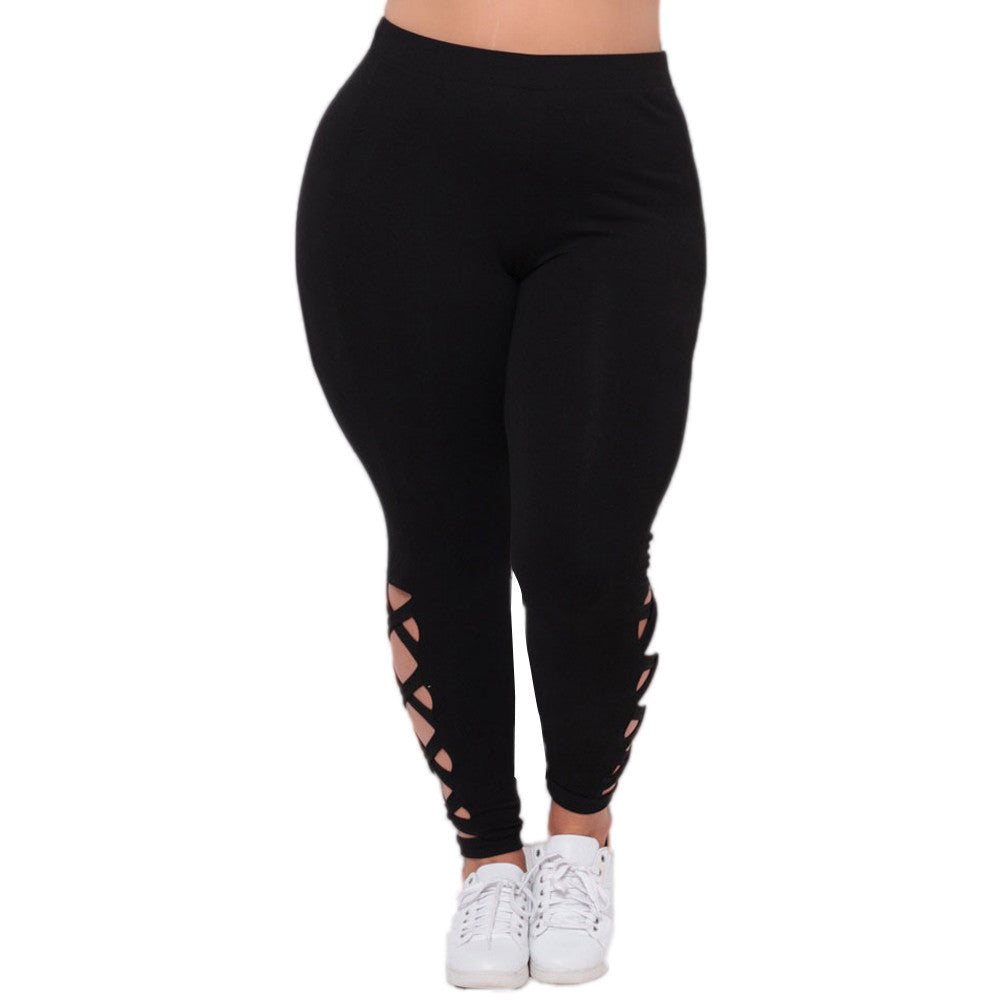 Women Plus Size Elastic Leggings  Solid Criss-Cross Hollow Out Sport Pants