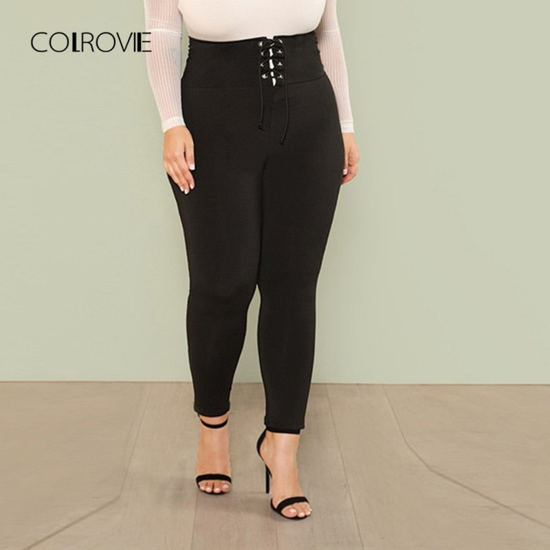 COLROVIE Plus Size Black Lace Up Wide Waistband Skinny Leggings Female 2018 New Women Sports Pants Fitness for Women Sexy Pants